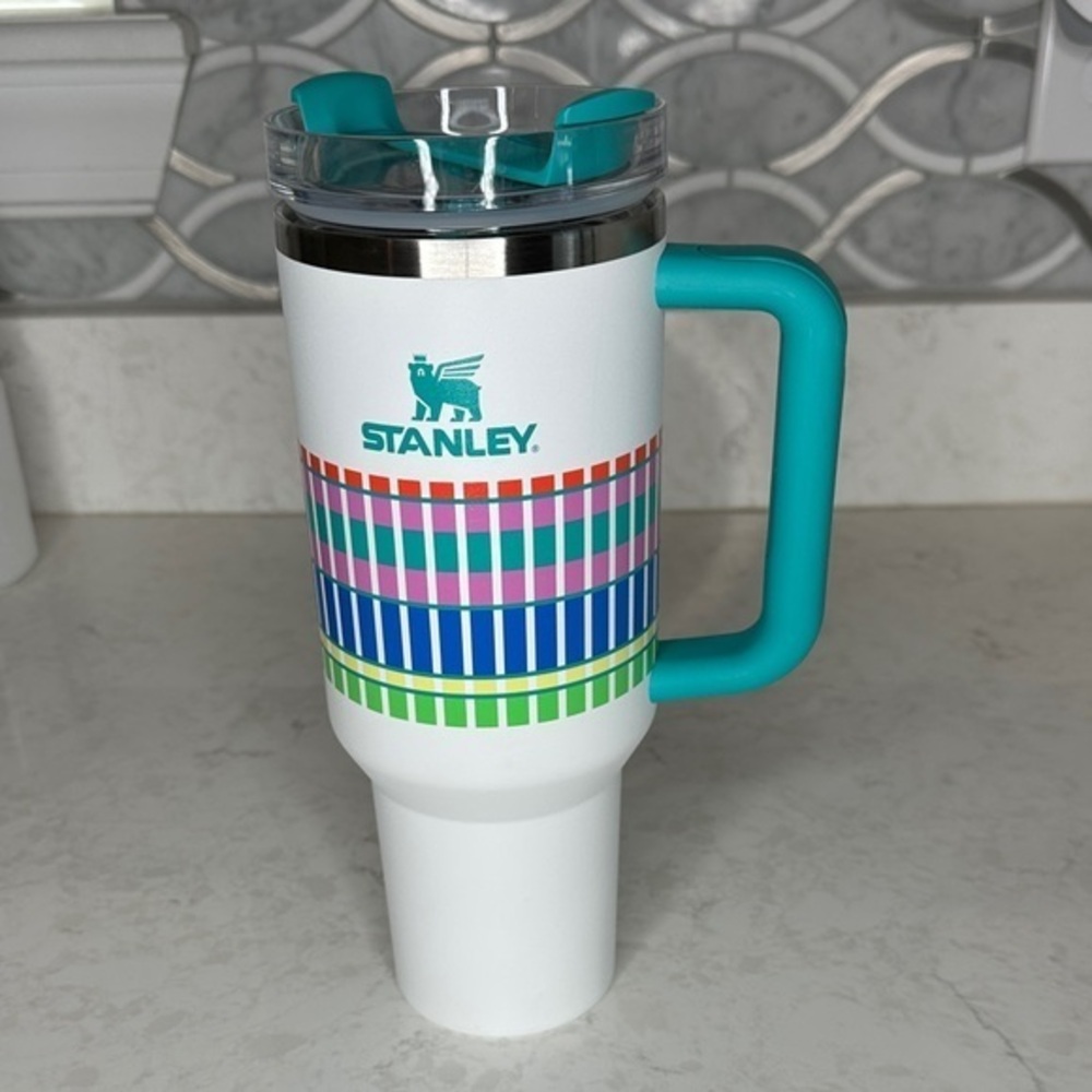 Stanley White and Teal Mug with Colorful Stripes